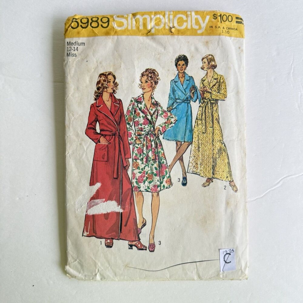 Vtg 70s Simplicity 5989 Sewing Pattern Misses Robe Bathrobe Two Lengths Sz 12-14